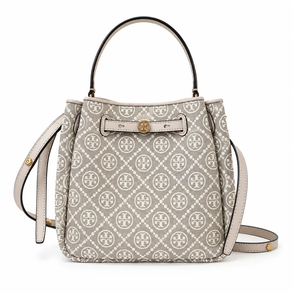 Tory Burch Romy T Monogram | Beige jacquard fabric  gold twist clasp and detachable shoulder strap women's designer handbag
