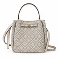 Tory Burch Romy T Monogram | Beige jacquard fabric  gold twist clasp and detachable shoulder strap women's designer handbag