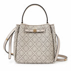 Tory Burch Romy T Monogram | Beige jacquard fabric  gold twist clasp and detachable shoulder strap women's designer handbag