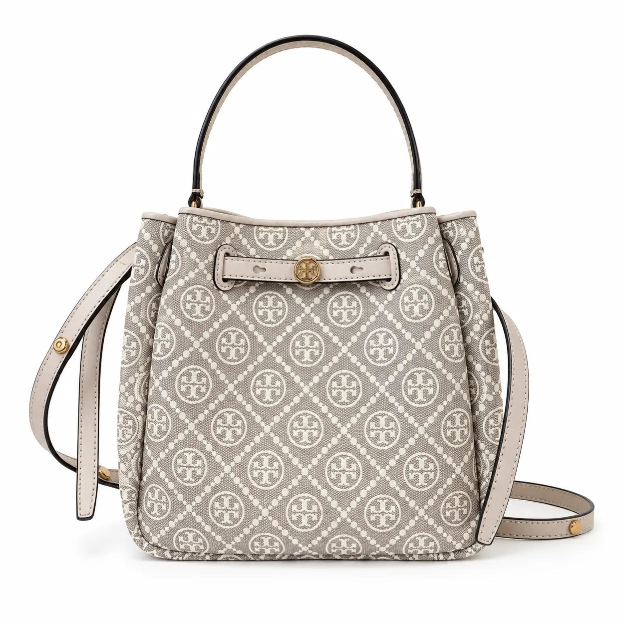 Tory Burch Romy T Monogram | Beige jacquard fabric  gold twist clasp and detachable shoulder strap women's designer handbag