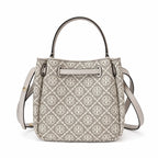 Tory Burch Romy T Monogram | Beige jacquard fabric  gold twist clasp and detachable shoulder strap women's designer handbag