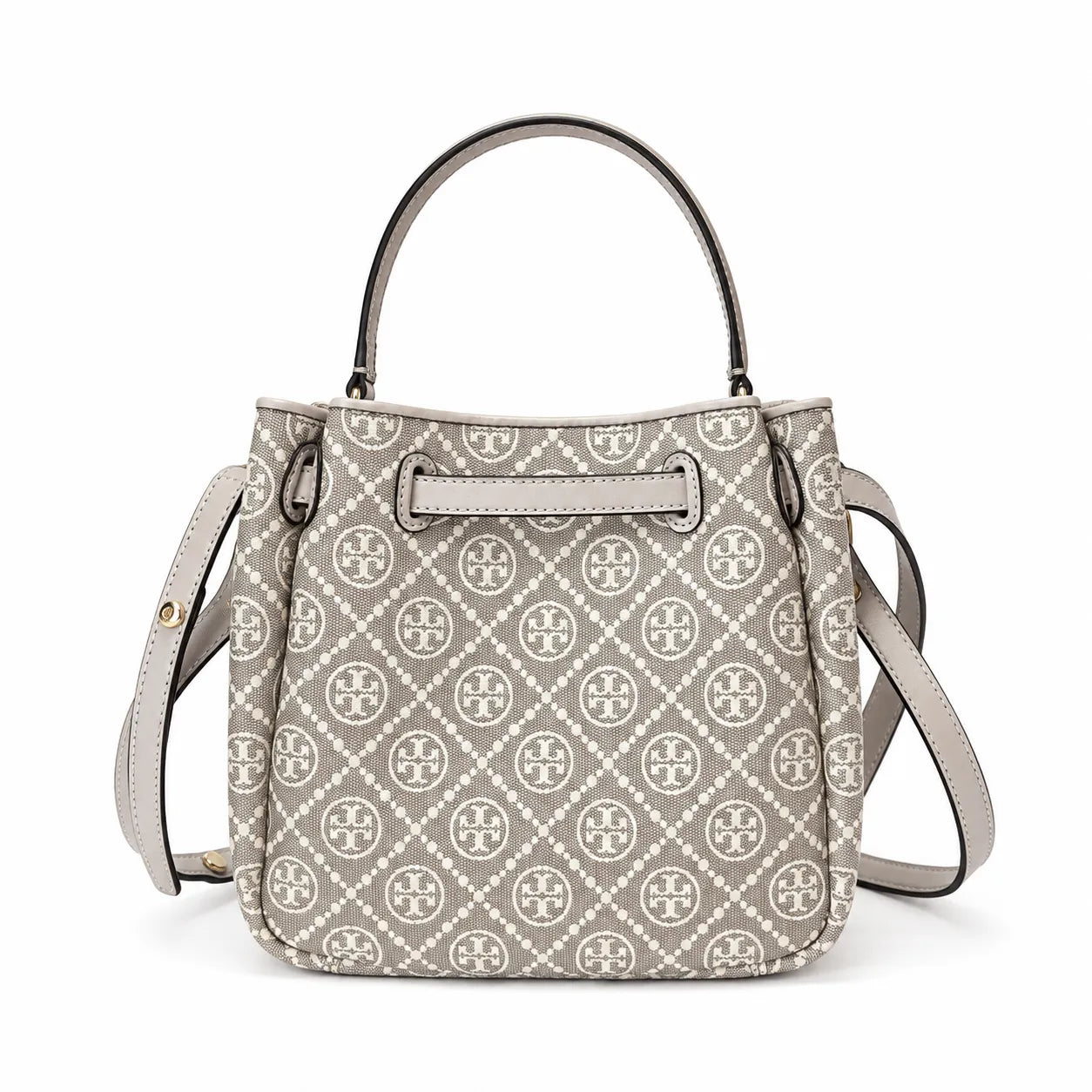 Tory Burch Romy T Monogram | Beige jacquard fabric  gold twist clasp and detachable shoulder strap women's designer handbag