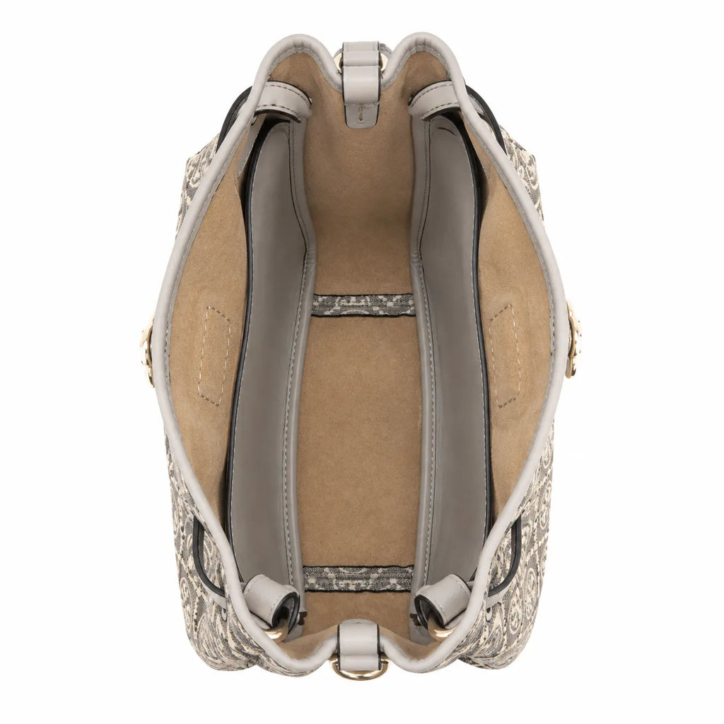 Tory Burch Romy T Monogram | Beige jacquard fabric  gold twist clasp and detachable shoulder strap women's designer handbag