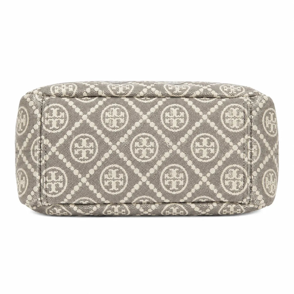 Tory Burch Romy T Monogram | Beige jacquard fabric  gold twist clasp and detachable shoulder strap women's designer handbag