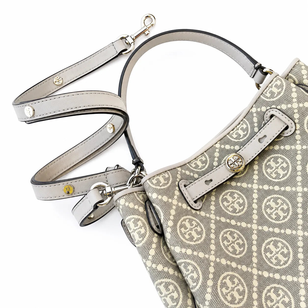 Tory Burch Romy T Monogram | Beige jacquard fabric  gold twist clasp and detachable shoulder strap women's designer handbag