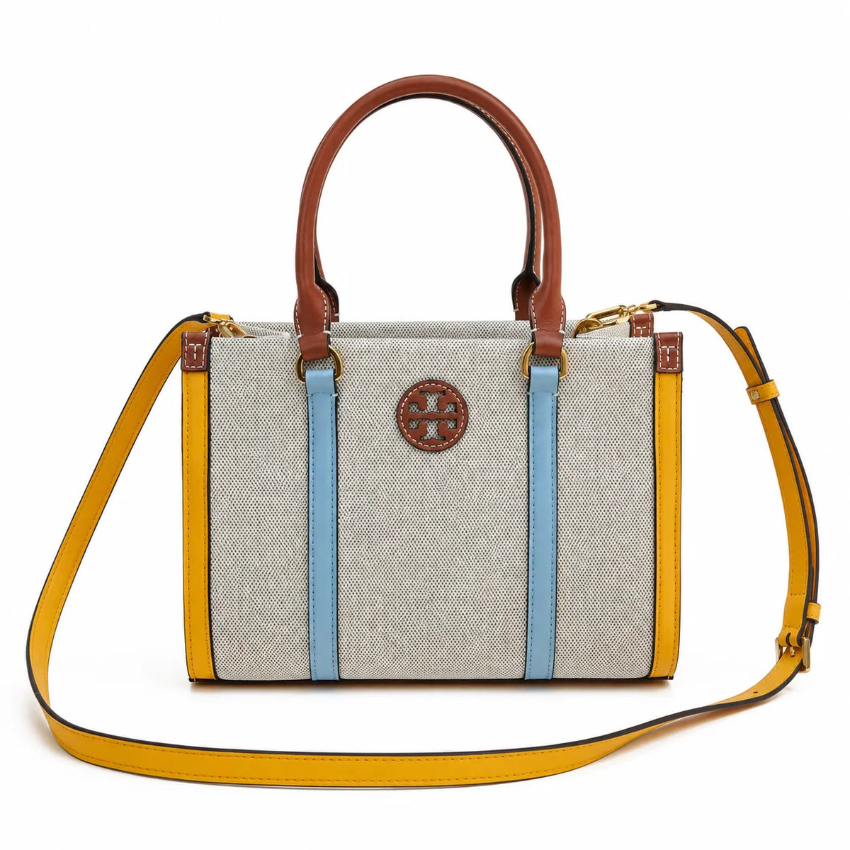 Tory Burch Blake | Off-white canvas with mustard yellow and sky blue leather trim iconic double T logo detachable shoulder strap women's designer handbag