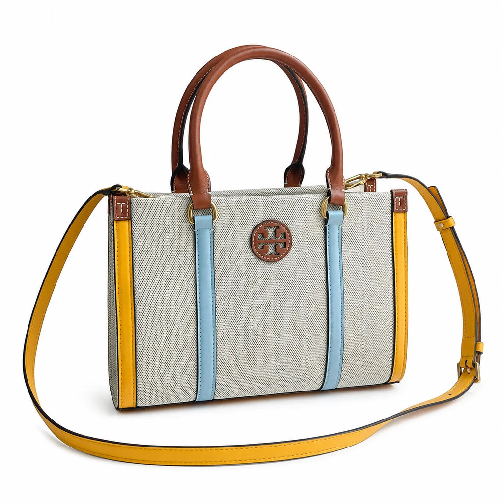 Tory Burch Blake | Off-white canvas with mustard yellow and sky blue leather trim iconic double T logo detachable shoulder strap women's designer handbag