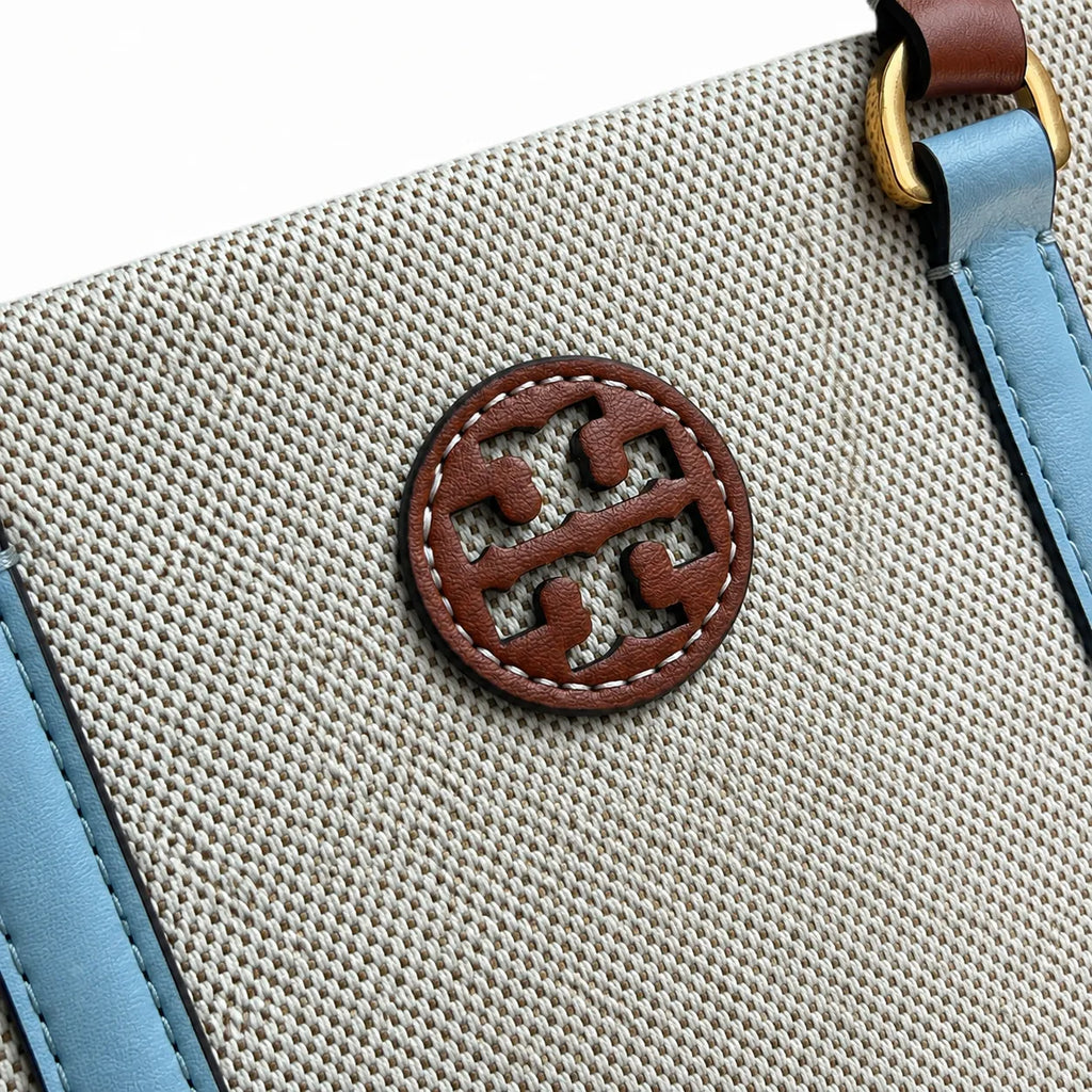 Tory Burch Blake | Off-white canvas with mustard yellow and sky blue leather trim iconic double T logo detachable shoulder strap women's designer handbag