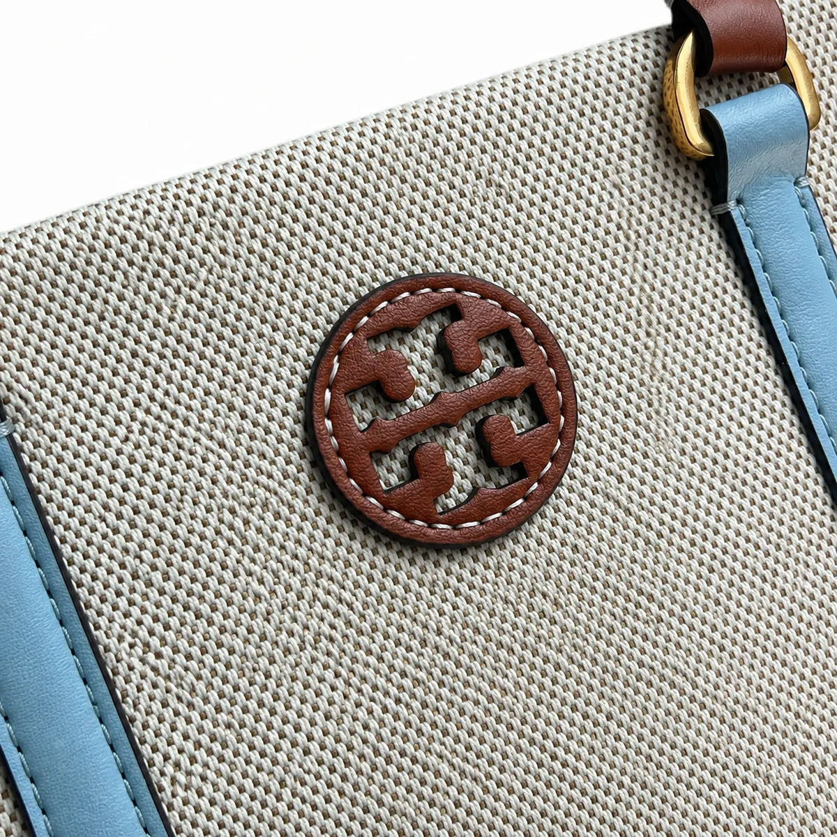 Tory Burch Blake | Off-white canvas with mustard yellow and sky blue leather trim iconic double T logo detachable shoulder strap women's designer handbag