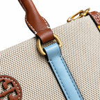 Tory Burch Blake | Off-white canvas with mustard yellow and sky blue leather trim iconic double T logo detachable shoulder strap women's designer handbag