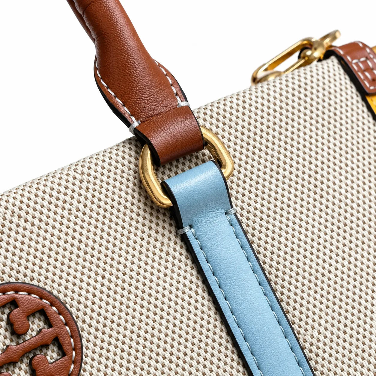 Tory Burch Blake | Off-white canvas with mustard yellow and sky blue leather trim iconic double T logo detachable shoulder strap women's designer handbag
