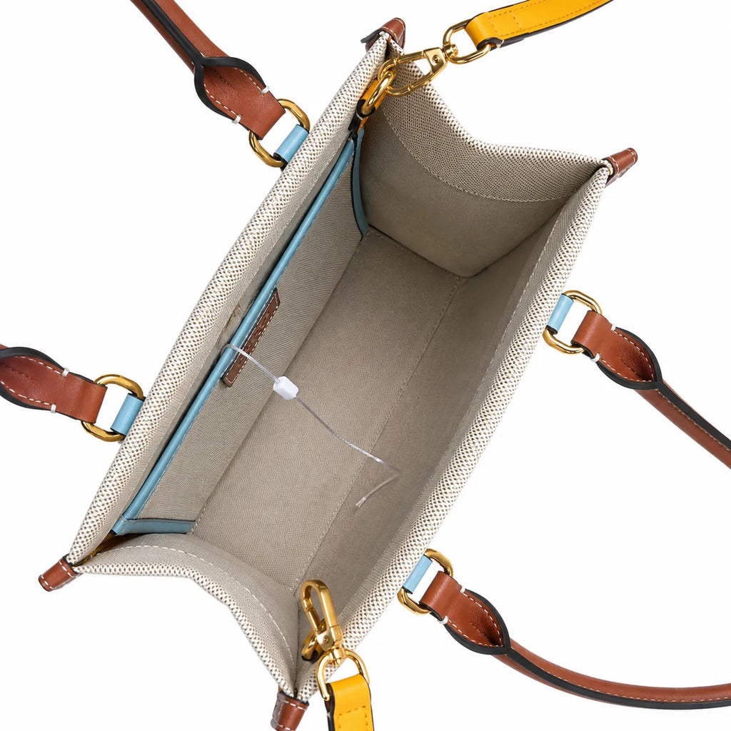 Tory Burch Blake | Off-white canvas with mustard yellow and sky blue leather trim iconic double T logo detachable shoulder strap women's designer handbag
