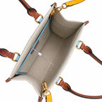 Tory Burch Blake | Off-white canvas with mustard yellow and sky blue leather trim iconic double T logo detachable shoulder strap women's designer handbag