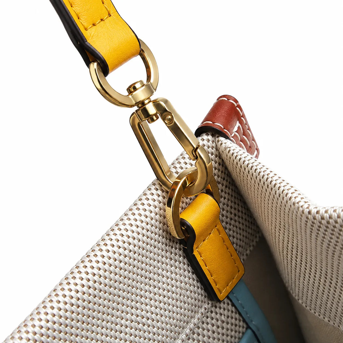 Tory Burch Blake | Off-white canvas with mustard yellow and sky blue leather trim iconic double T logo detachable shoulder strap women's designer handbag