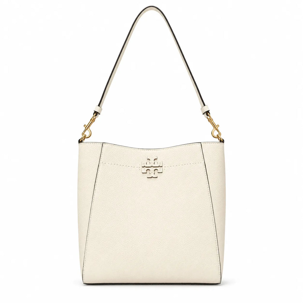 Tory Burch McGraw | Off-white pebbled leather with gold logo  detachable shoulder strap  women's designer handbag