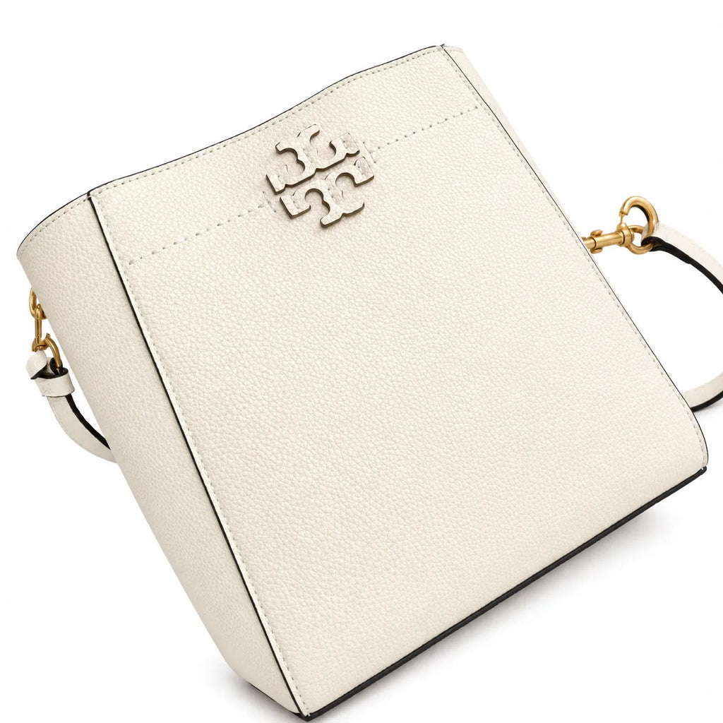 Tory Burch McGraw | Off-white pebbled leather with gold logo  detachable shoulder strap  women's designer handbag