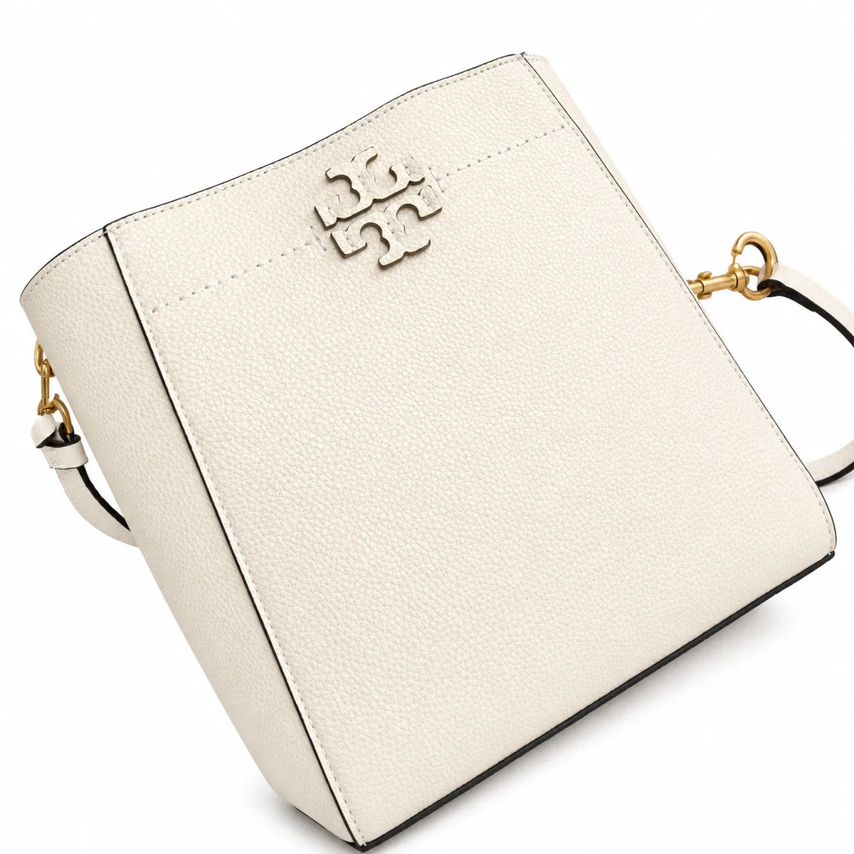 Tory Burch McGraw | Off-white pebbled leather with gold logo  detachable shoulder strap  women's designer handbag