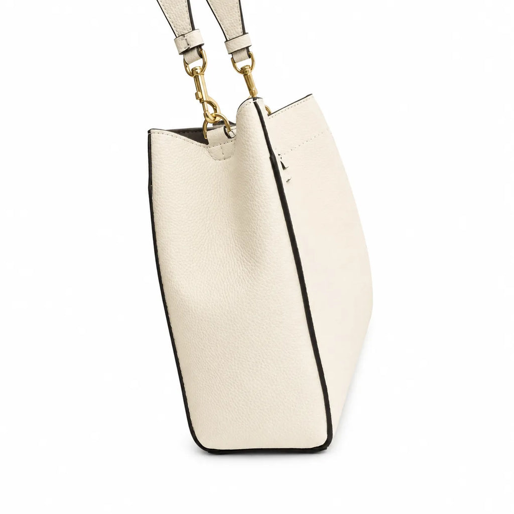 Tory Burch McGraw | Off-white pebbled leather with gold logo  detachable shoulder strap  women's designer handbag
