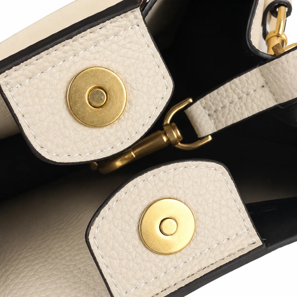 Tory Burch McGraw | Off-white pebbled leather with gold logo  detachable shoulder strap  women's designer handbag