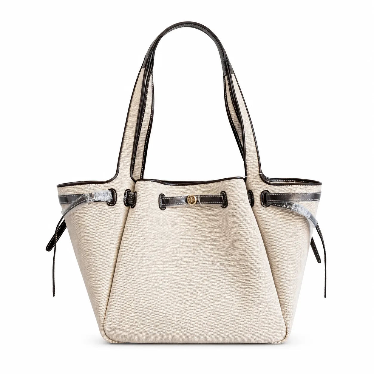 Tory Burch Romy | Off-white women's designer handbag with brown leather trim and drawstring closure adorned with the iconic double-T logo