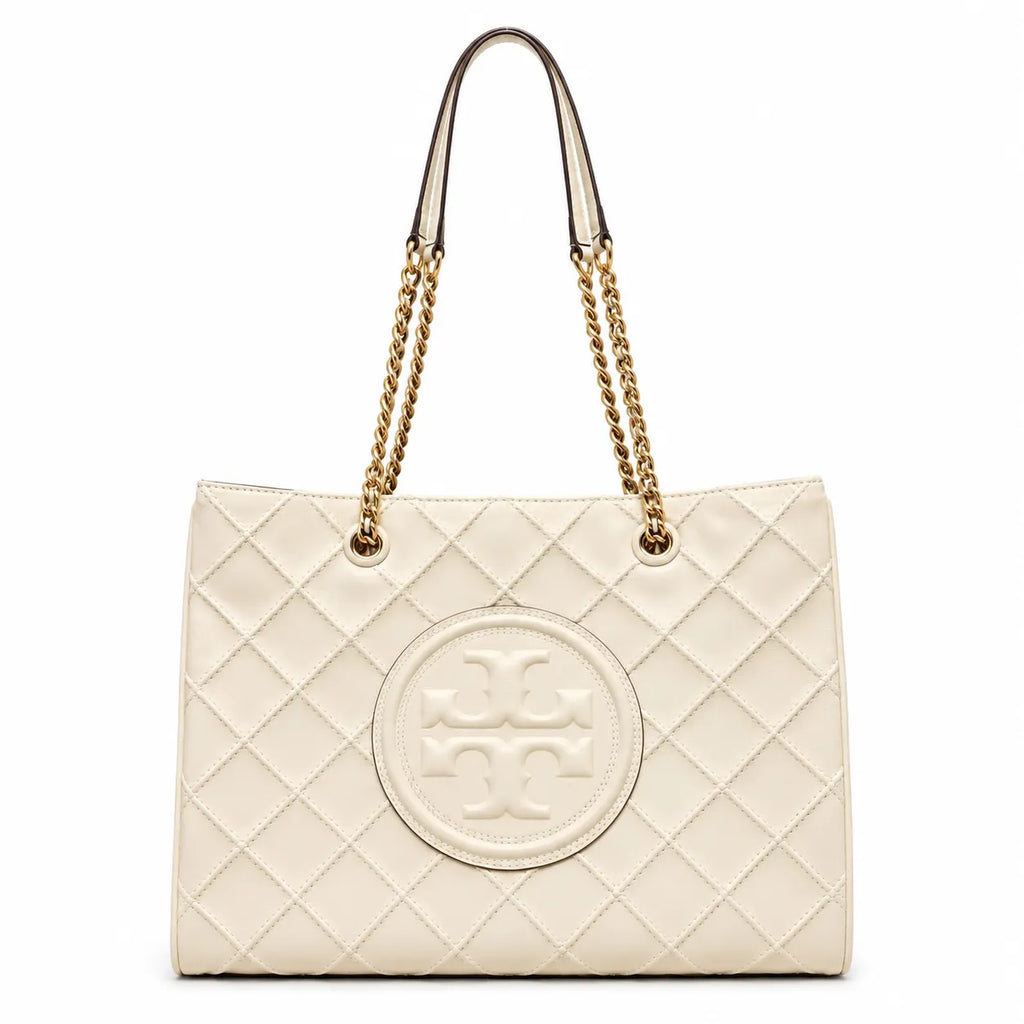 Tory Burch Fleming | Off-white quilted leather  iconic double-T logo  women's designer handbag