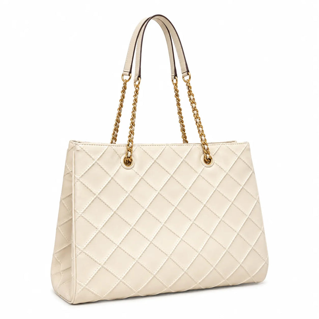 Tory Burch Fleming | Off-white quilted leather  iconic double-T logo  women's designer handbag