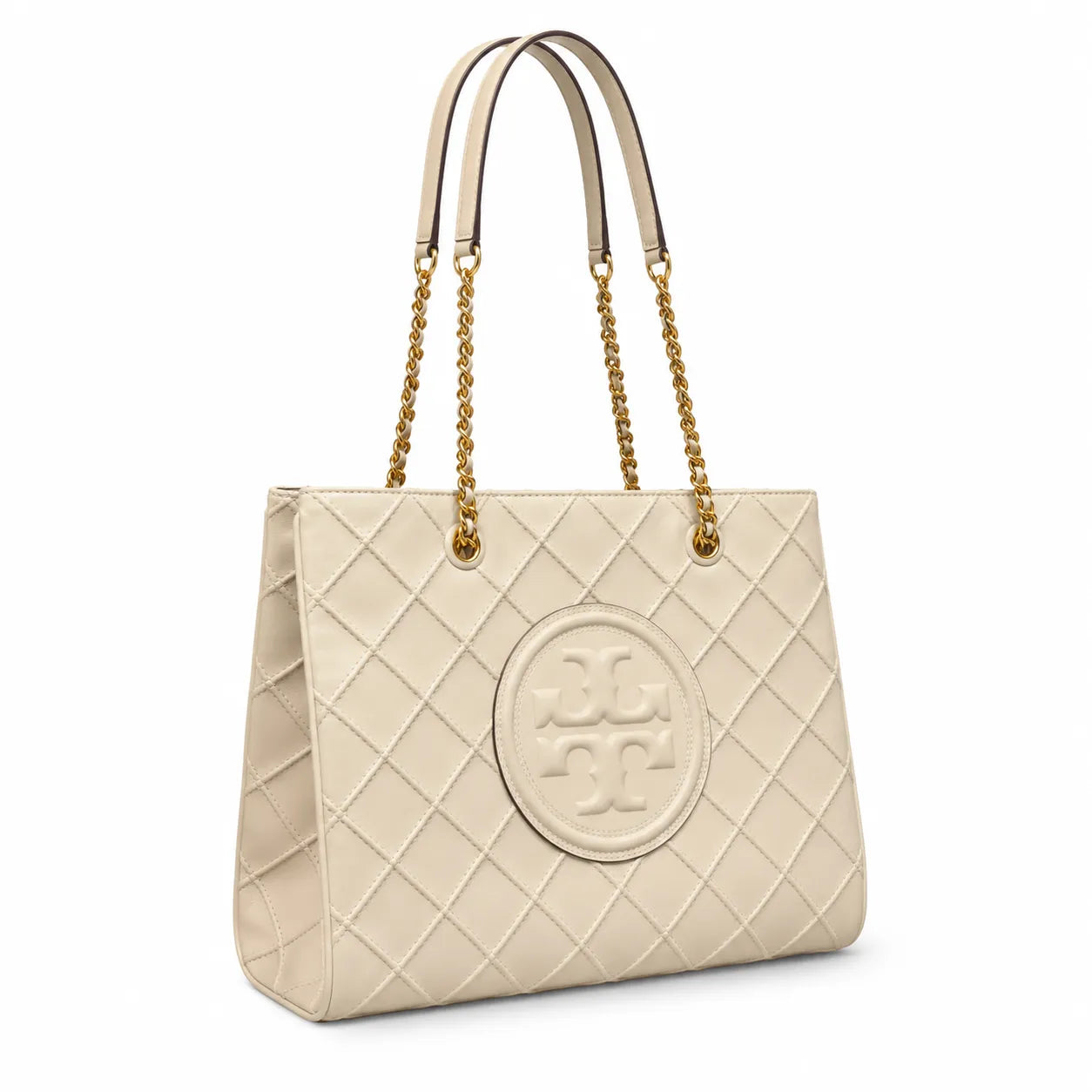 Tory Burch Fleming | Off-white quilted leather  iconic double-T logo  women's designer handbag