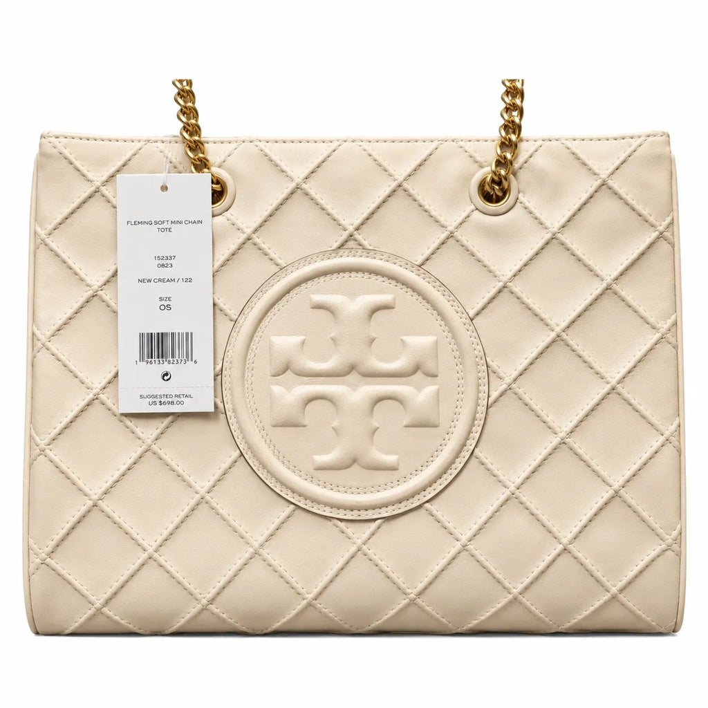 Tory Burch Fleming | Off-white quilted leather  iconic double-T logo  women's designer handbag