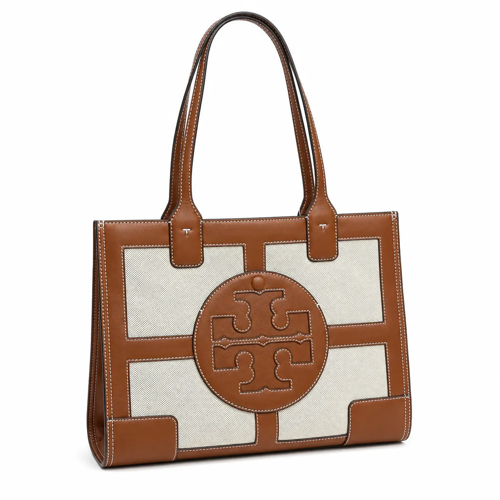 Tory Burch Ella | Beige canvas with brown leather trim  iconic double-T logo  women's designer handbag