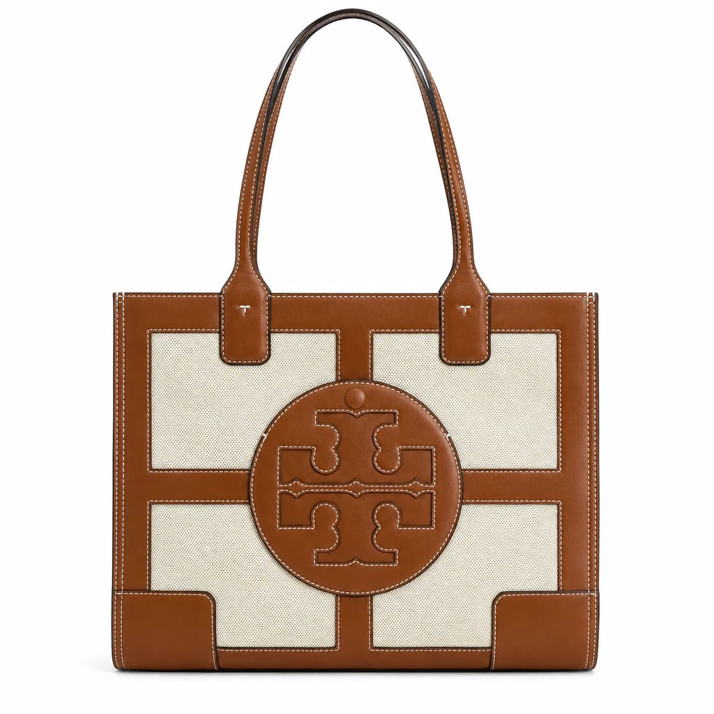 Tory Burch Ella | Beige canvas with brown leather trim  iconic double-T logo  women's designer handbag