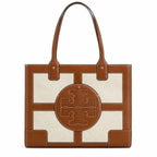 Tory Burch Ella | Beige canvas with brown leather trim  iconic double-T logo  women's designer handbag