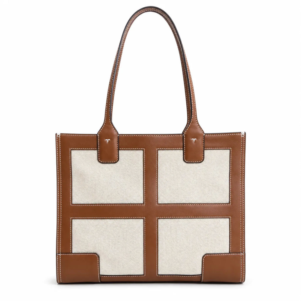 Tory Burch Ella | Beige canvas with brown leather trim  iconic double-T logo  women's designer handbag