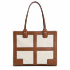 Tory Burch Ella | Beige canvas with brown leather trim  iconic double-T logo  women's designer handbag