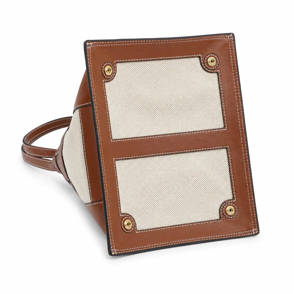 Tory Burch Ella | Beige canvas with brown leather trim  iconic double-T logo  women's designer handbag