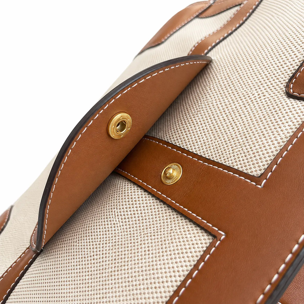 Tory Burch Ella | Beige canvas with brown leather trim  iconic double-T logo  women's designer handbag