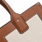 Tory Burch Ella | Beige canvas with brown leather trim  iconic double-T logo  women's designer handbag
