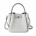 Tory Burch Romy | Light grey pebbled leather with signature logo buckle  adjustable shoulder strap  women's designer handbag