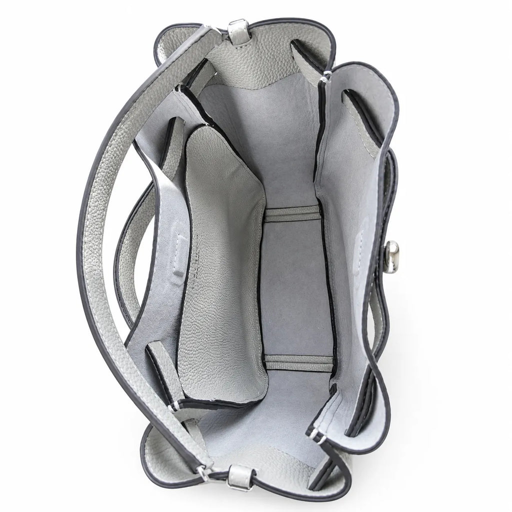 Tory Burch Romy | Light grey pebbled leather with signature logo buckle  adjustable shoulder strap  women's designer handbag