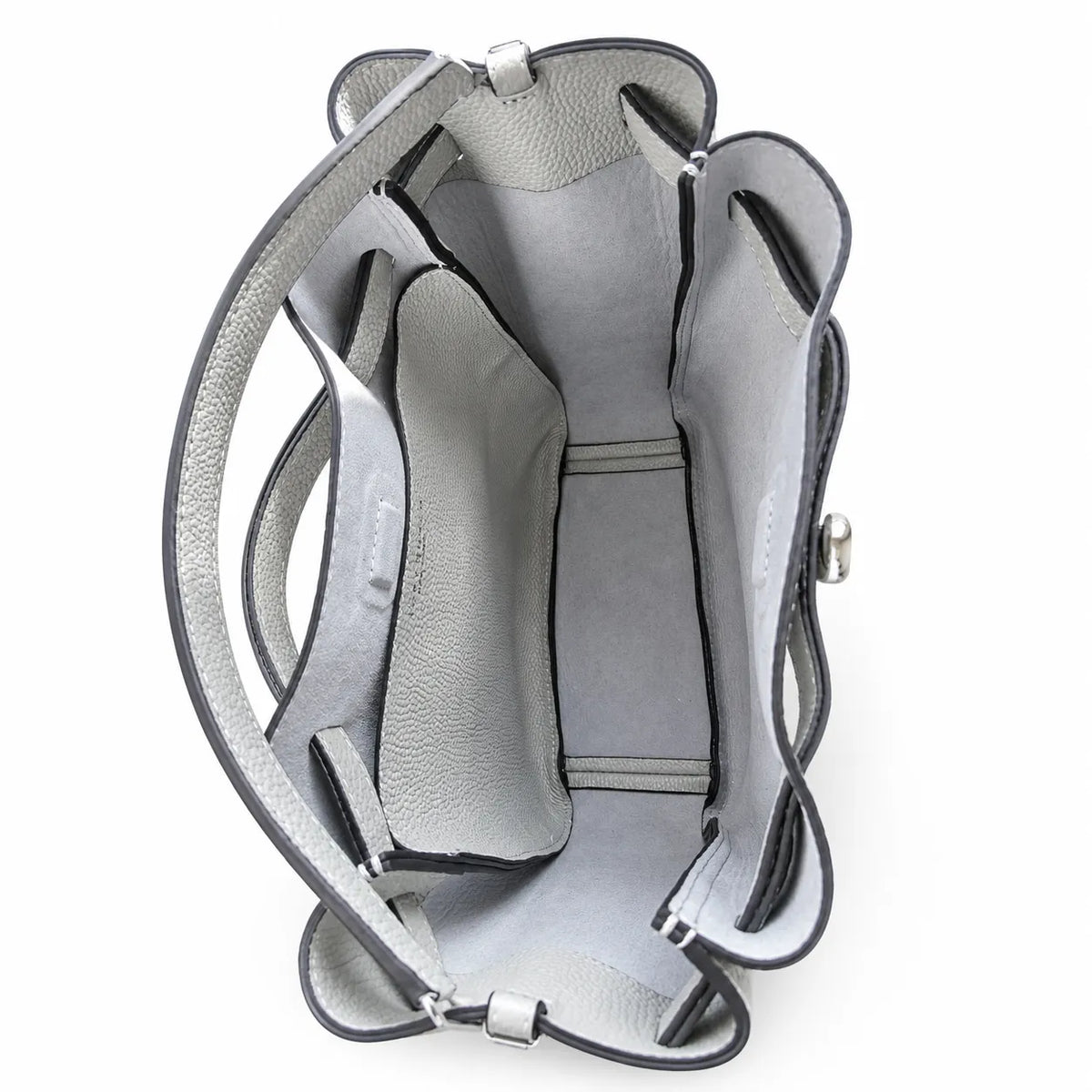 Tory Burch Romy | Light grey pebbled leather with signature logo buckle  adjustable shoulder strap  women's designer handbag