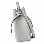 Tory Burch Romy | Light grey pebbled leather with signature logo buckle  adjustable shoulder strap  women's designer handbag