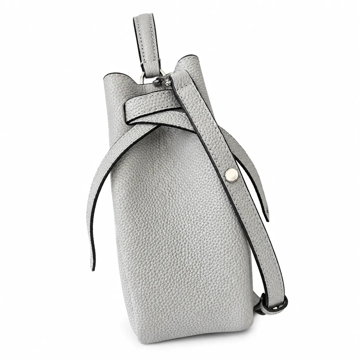 Tory Burch Romy | Light grey pebbled leather with signature logo buckle  adjustable shoulder strap  women's designer handbag