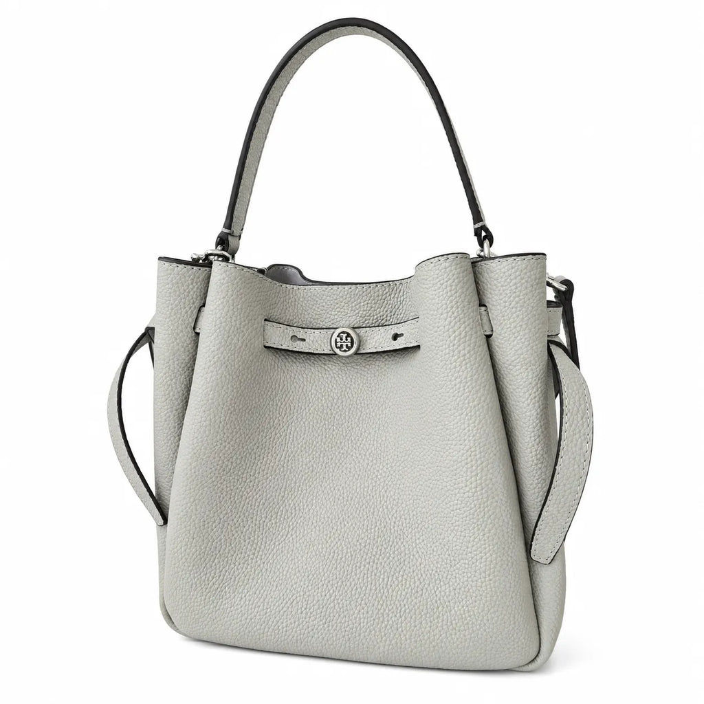Tory Burch Romy | Light grey pebbled leather with signature logo buckle  adjustable shoulder strap  women's designer handbag