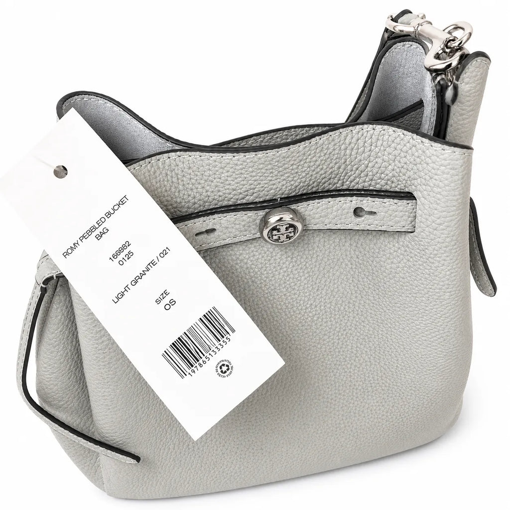 Tory Burch Romy | Light grey pebbled leather with signature logo buckle  adjustable shoulder strap  women's designer handbag