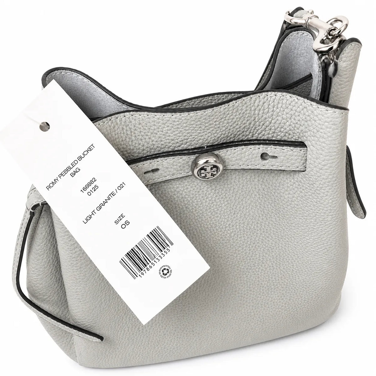 Tory Burch Romy | Light grey pebbled leather with signature logo buckle  adjustable shoulder strap  women's designer handbag