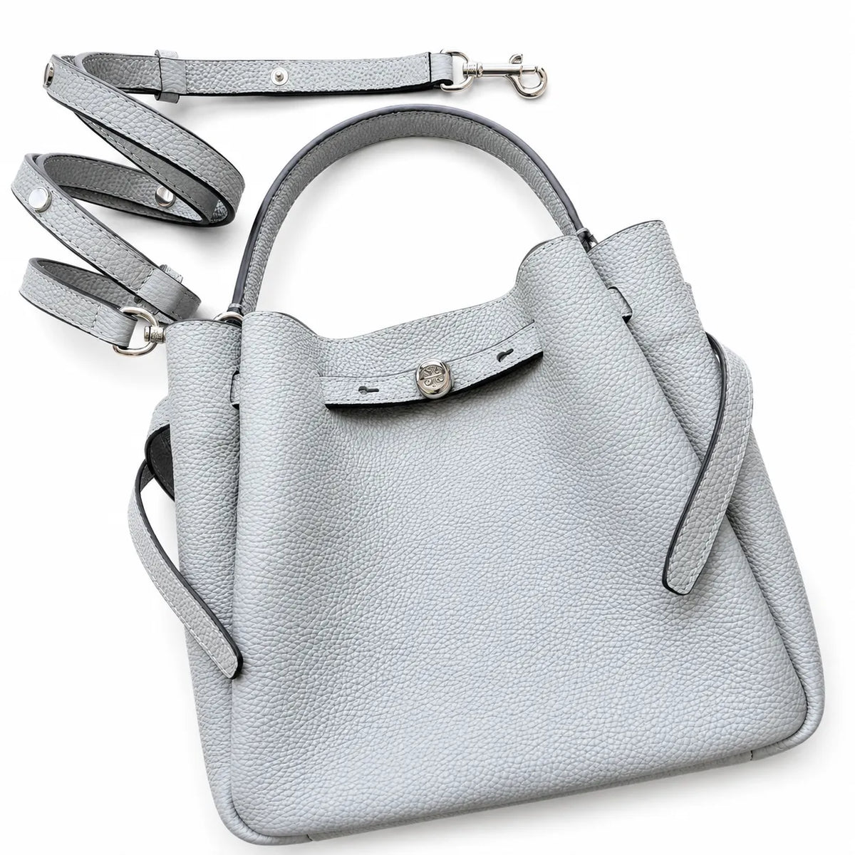 Tory Burch Romy | Light grey pebbled leather with signature logo buckle  adjustable shoulder strap  women's designer handbag