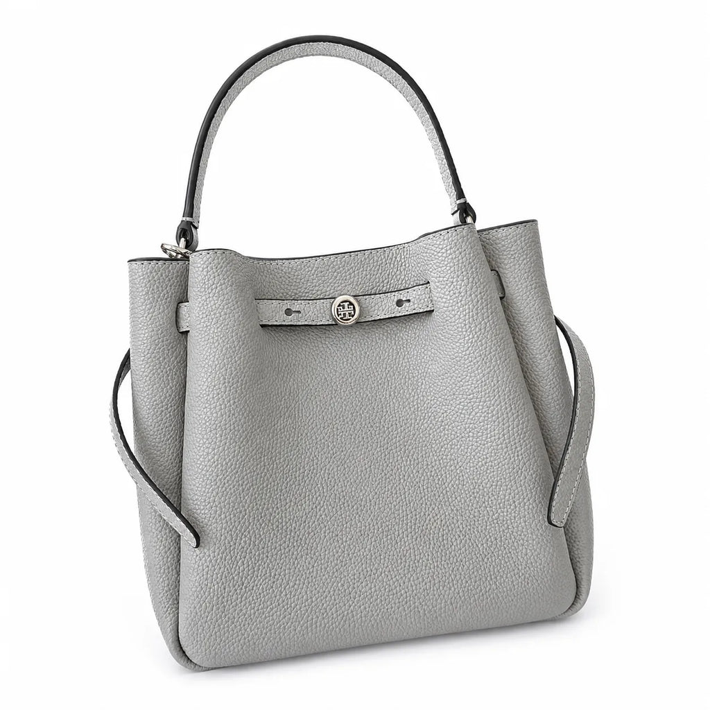 Tory Burch Romy | Light grey pebbled leather with signature logo buckle  adjustable shoulder strap  women's designer handbag