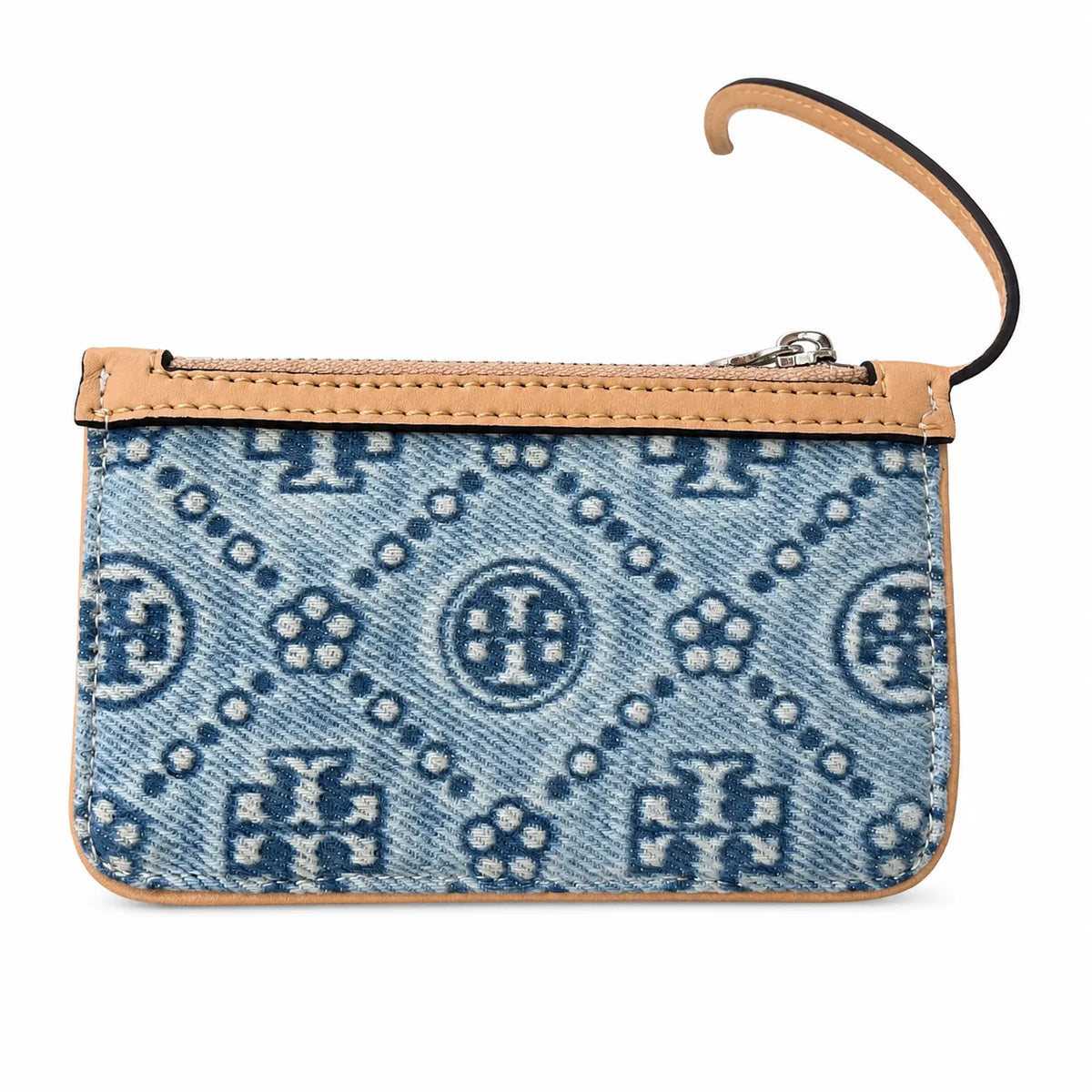 Tory Burch T Monogram | Powder blue washed denim with brown leather trim signature double T drawstring closure women's designer handbag