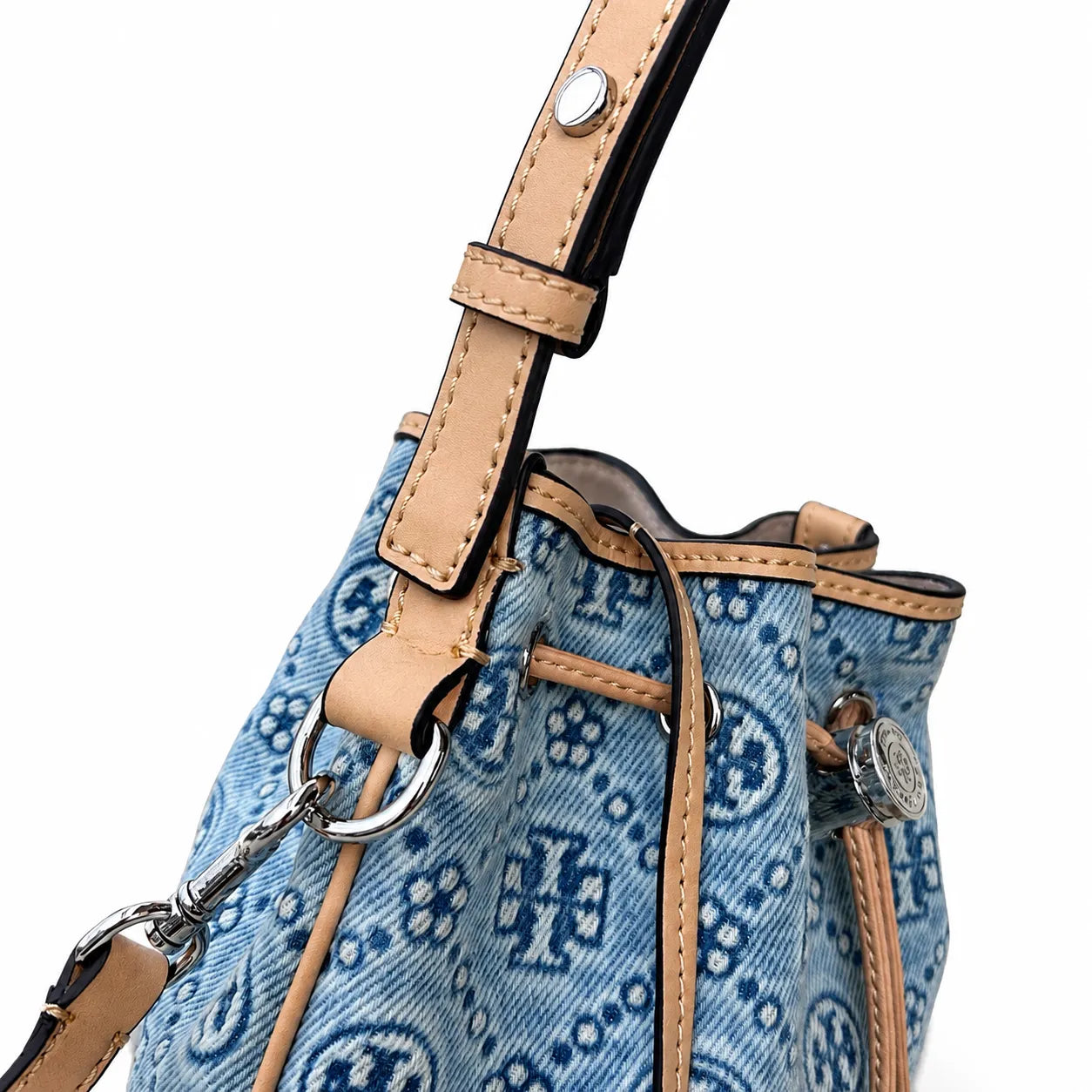Tory Burch T Monogram | Powder blue washed denim with brown leather trim signature double T drawstring closure women's designer handbag
