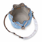 Tory Burch T Monogram | Powder blue washed denim with brown leather trim signature double T drawstring closure women's designer handbag