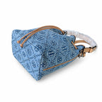 Tory Burch T Monogram | Powder blue washed denim with brown leather trim signature double T drawstring closure women's designer handbag